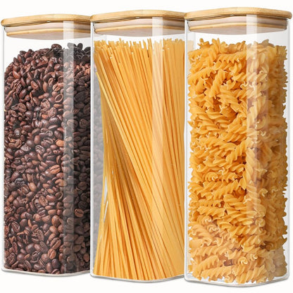 VIEWELLD 2.2 Qt Square Glass Storage Containers with Lids, Clear Food Storage Container Jar with Sealing Bamboo Lid Storage Containers for Pasta, Oats, Coffee, Flour, Sugar, Square Set-3Pack