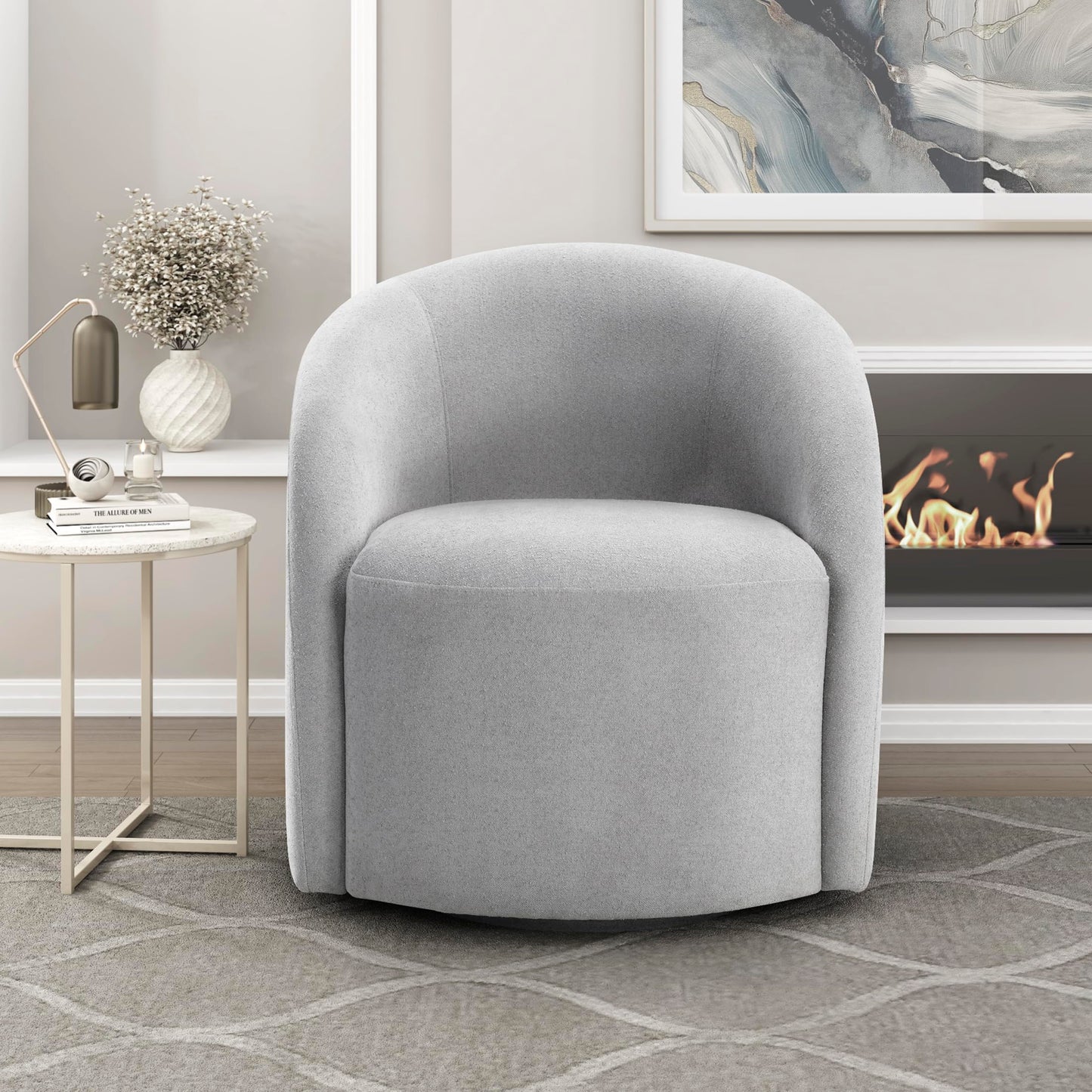 Lexicon 360 Degree Swivel Accent Chair, Boucle Fabric Arm Chair with Metal Swivel Base and Sloped Arms for Living Room/Bedroom/Office, Light Gray
