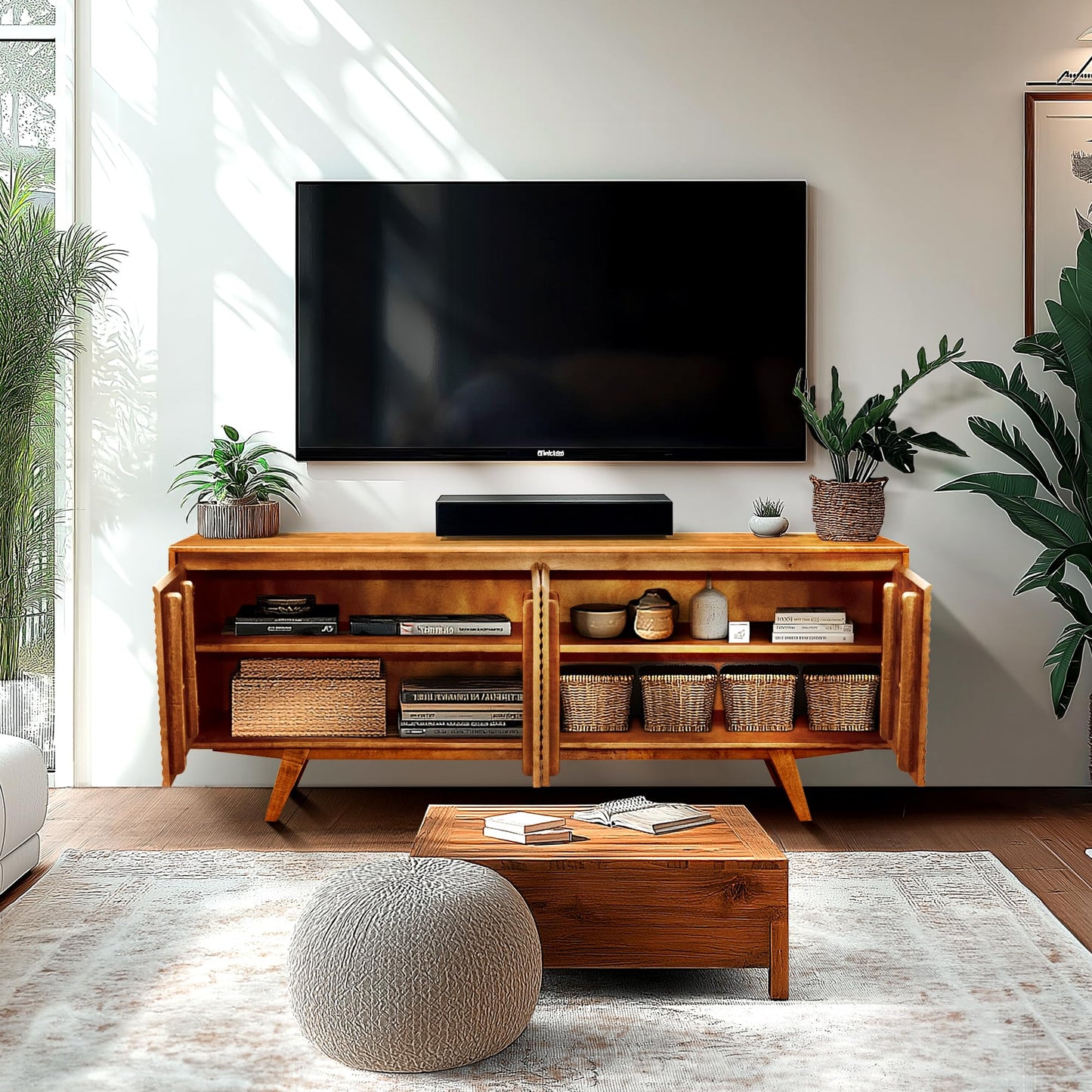 Acacia Harmony TV Stand for TVs up to 75+ Inch Entertainment Center with Storage Shelves and Cable Management, Media Console Table Wood for Living Room Bedroom, Caramel
