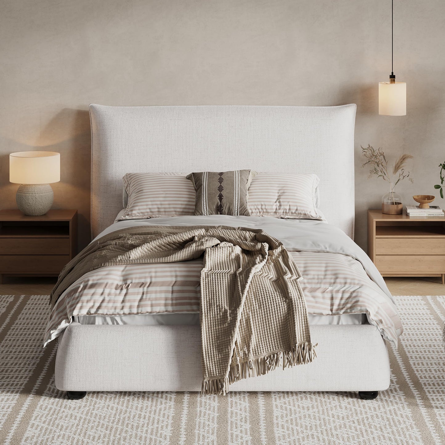 Merax Modern Upholstered Platform Bed with Linen Pillow-Back Headboard, Twin Size Wood Floor Bed Frame with High Wingback, No Box Spring Needed, Easy Assemble, Beige