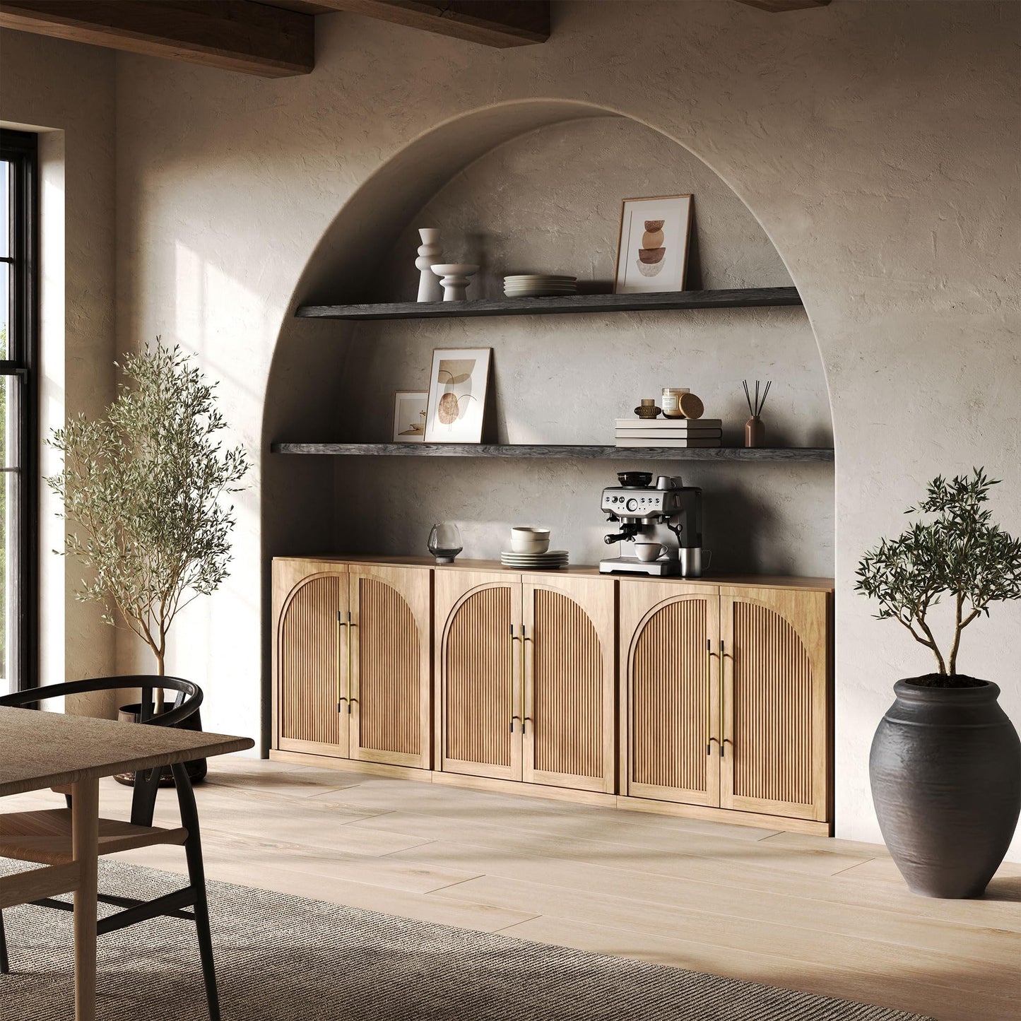BELLEZE Set of 3 Modular Sideboard with Double-Arc Wood Doors, 97'' Arched Buffet Cabinet with Storage and Adjustable Shelves, Classic Modern Credenza for Dining Room Living Room Entryway (Camel)