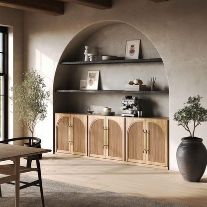 BELLEZE Set of 3 Modular Sideboard with Double-Arc Wood Doors, 97'' Arched Buffet Cabinet with Storage and Adjustable Shelves, Classic Modern Credenza for Dining Room Living Room Entryway (Camel)