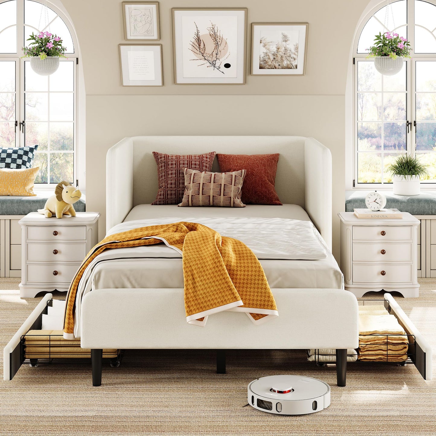 LIKIMIO Twin Daybed with Headboard, Corner Bed Frame with Bed Rails and Storage Drawers, Solid Support, for Bedroom Guest Room, Cream
