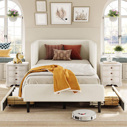 LIKIMIO Twin Daybed with Headboard, Corner Bed Frame with Bed Rails and Storage Drawers, Solid Support, for Bedroom Guest Room, Cream
