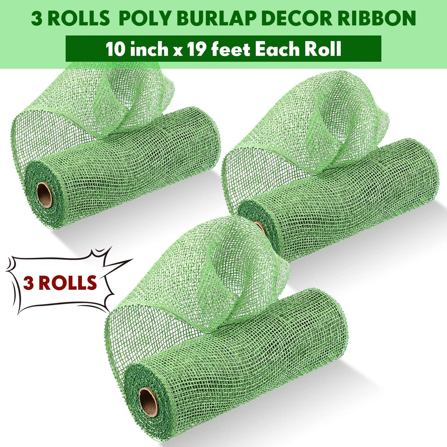 Chuangdi 3 Rolls Poly Burlap Deco Mesh 10 Inch Army Green Deco Poly Decorative Mesh Ribbon Wrapping Ribbon Rolls for Home Door Wreath Decoration DIY Crafts Making