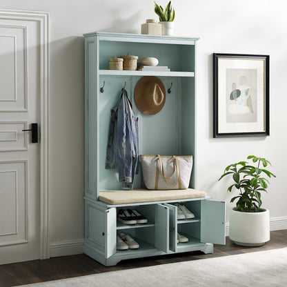 Crosley Furniture Holbrook Hall Tree with Shoe Rack Bench and Coat Hooks for Hanging Storage, Distressed Seafoam Blue