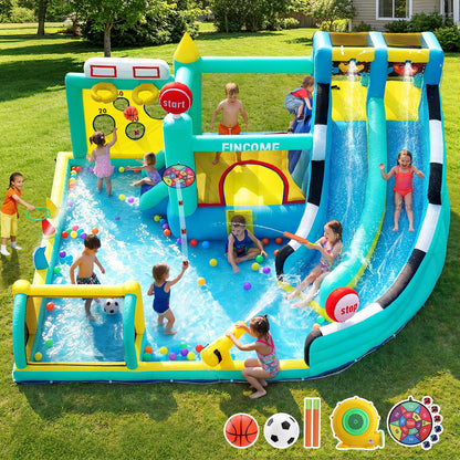 FINCOME Bounce House Double Slides for Kids 3-10, Large Bounce Castle with Air Blower 550W, Pool, Jumping, Climbing, Balls, Ring Toss, Inflatable Water Park for Birthday Party Holiday Outdoor Indoor