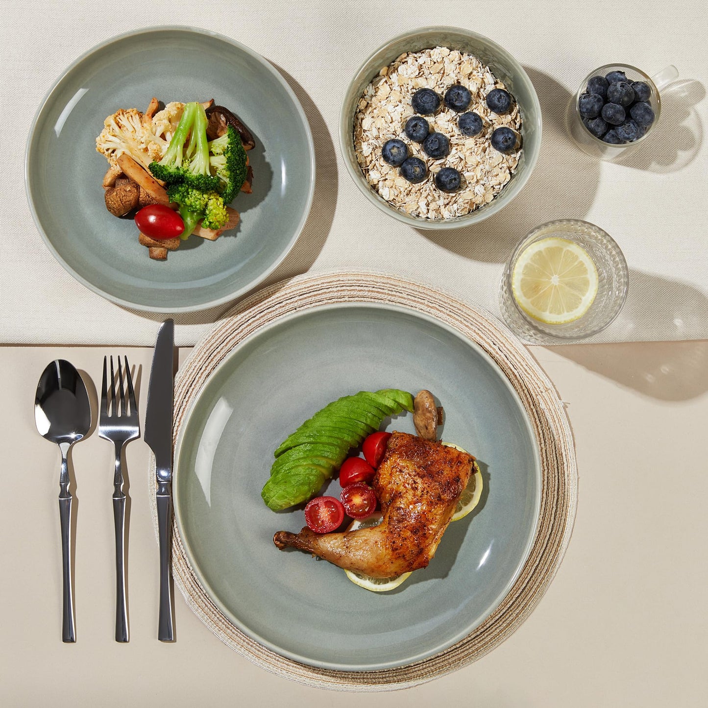 Pokini Stoneware Dinnerware Sets Service for 12, 36 pcs Reactive Glaze Plates and Bowls Sets, Handmade Ceramic Dish Set, Highly Chip and Crack Resistant Modern Plate Set, Gradient Green