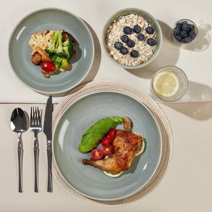 Pokini Stoneware Dinnerware Sets Service for 12, 36 pcs Reactive Glaze Plates and Bowls Sets, Handmade Ceramic Dish Set, Highly Chip and Crack Resistant Modern Plate Set, Gradient Green