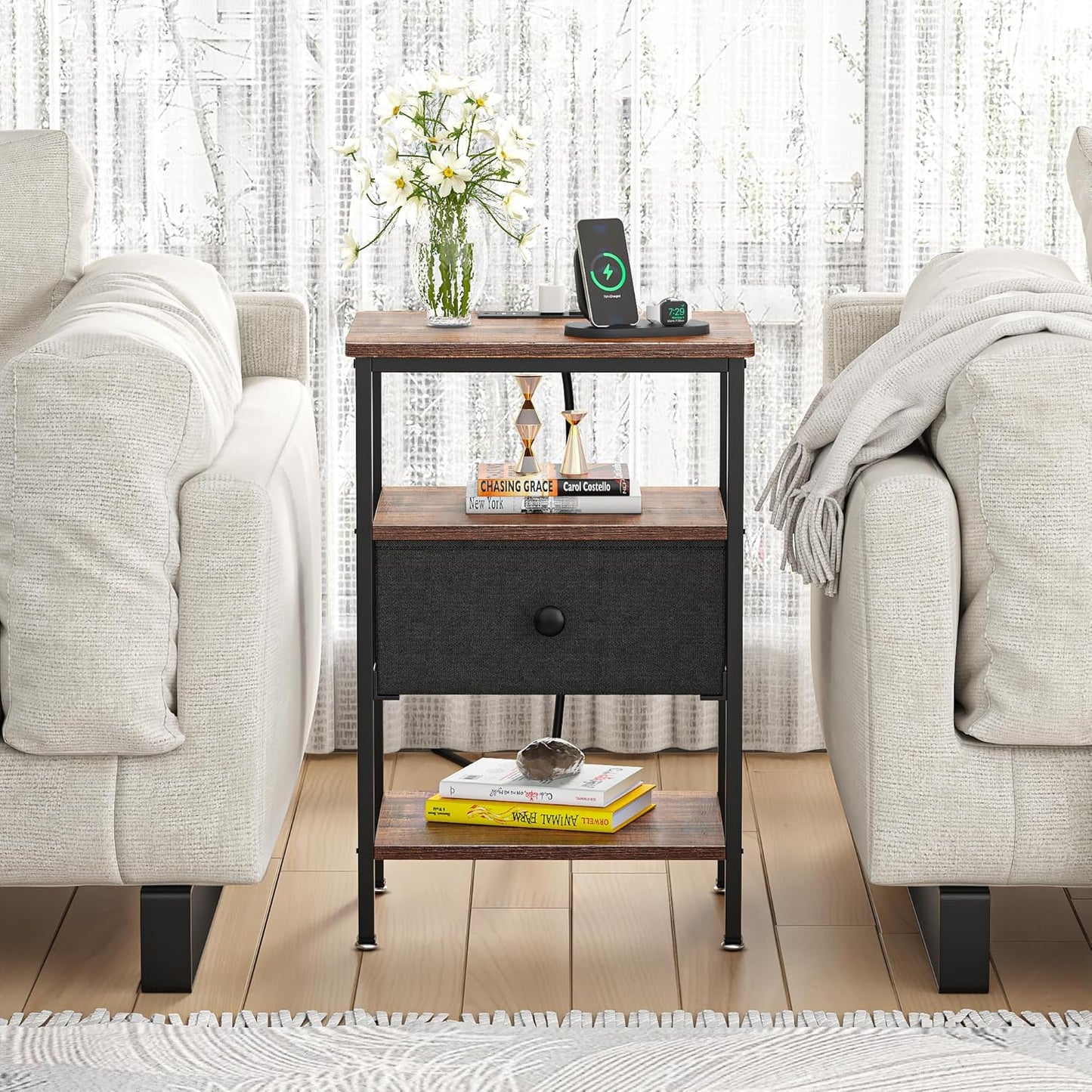 VECELO Nightstand with Charging Station,Bedside Table with Storage Shelf&Fabric Drawer,End Tables for Bedroom,Living