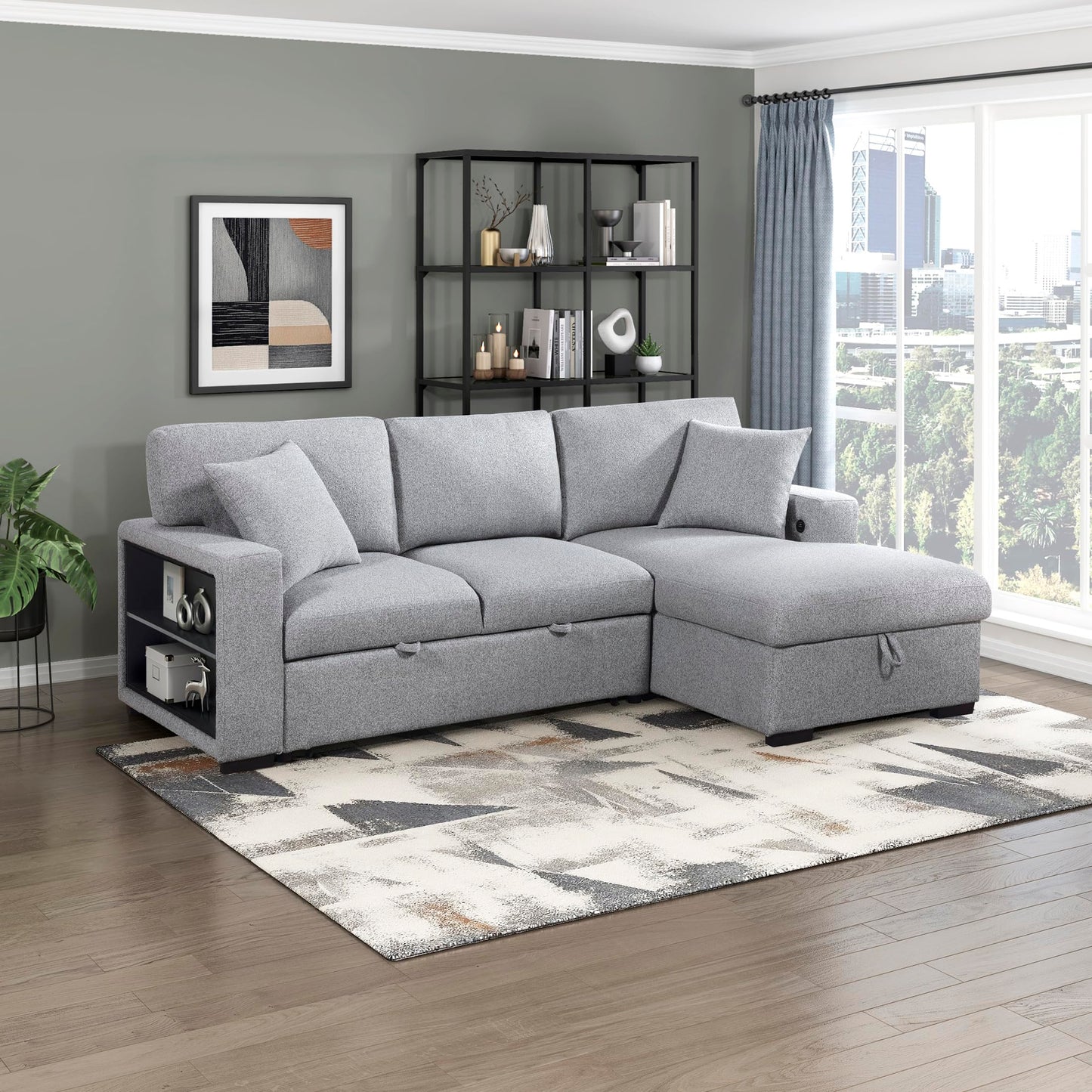 Lexicon 92.5" W L Shape Sectional Couch with Right Storage Chaise and Pull Out Sofa Bed, Sectional Sleeper Sofa with Memory Foam Seat Cushion, Charging Port, Storage Shelf for Living Room, Gray