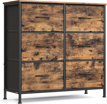 SONGMICS Dresser - 6 Non-Woven Fabric Drawers Storage Organizer Unit for Bedroom | Rustic Brown & Ink Black