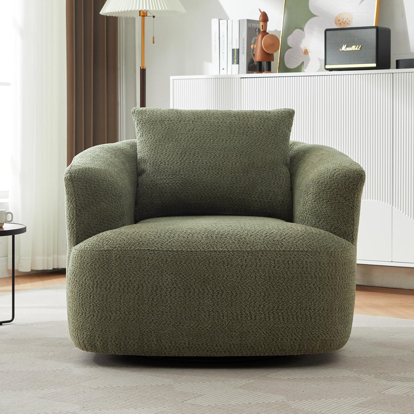 360° Swivel Accent Chair Boneless Barrel Armchair Ergonomic Upholstered Nursery Chair for Living Room Bedroom, Comfy Boucle Fabric