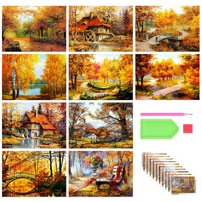 Stalente 10 Pack Diamond Painting Kits for Adults, Landscape Autumn Round Full Drill Diamond Art Kits, 5D DIY Paint with Diamonds Crafts for Home Wall Decoration Gifts 12×16 Inch