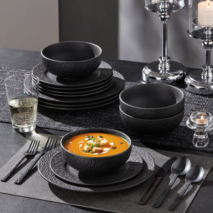 KINGSTONE Black Dinnerware Sets, 24-Piece Matte Marble Pattern Premium Porcelain, Place Setting with Dinner Plate, Salad Plate, Pasta Bowl, Microwave and Dishwasher Safe