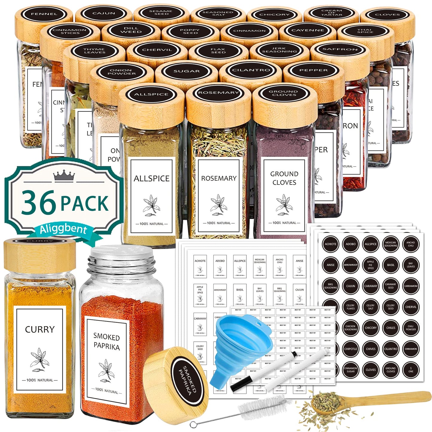 Aliggbent Spice Jars with Lable, 36 Pcs 4 oz Glass Spice Jars with Bamboo Lids, Spice Containers Bottles, Glass Seasoning Jars with Shaker Lids, Collapsible Funnel, for Spice Racks, Pantry,Cupboard