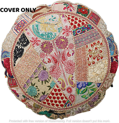 GANESHAM Vintage Indian Handmade Bohemian Patchwork Cotton Foot Stool, Round Floor Pillows & Cushion Cover (White, 32