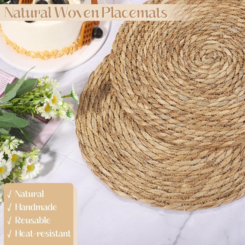 Aneco 48 Pack 12-Inch Round Woven Placemats Natural Hand-Woven Boho Rattan Wicker Bulrush Placemat Farmhouse Rustic Braided Table Mats for Dining & Kitchen Decor