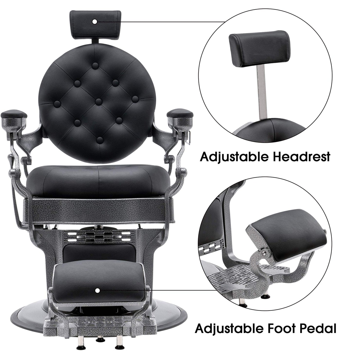 BarberPub Vintage Barber Chair Heavy Duty Metal Frame All Purpose Hydraulic Recline Salon Beauty Spa Equipment 2947 (Black with Grey Frame)