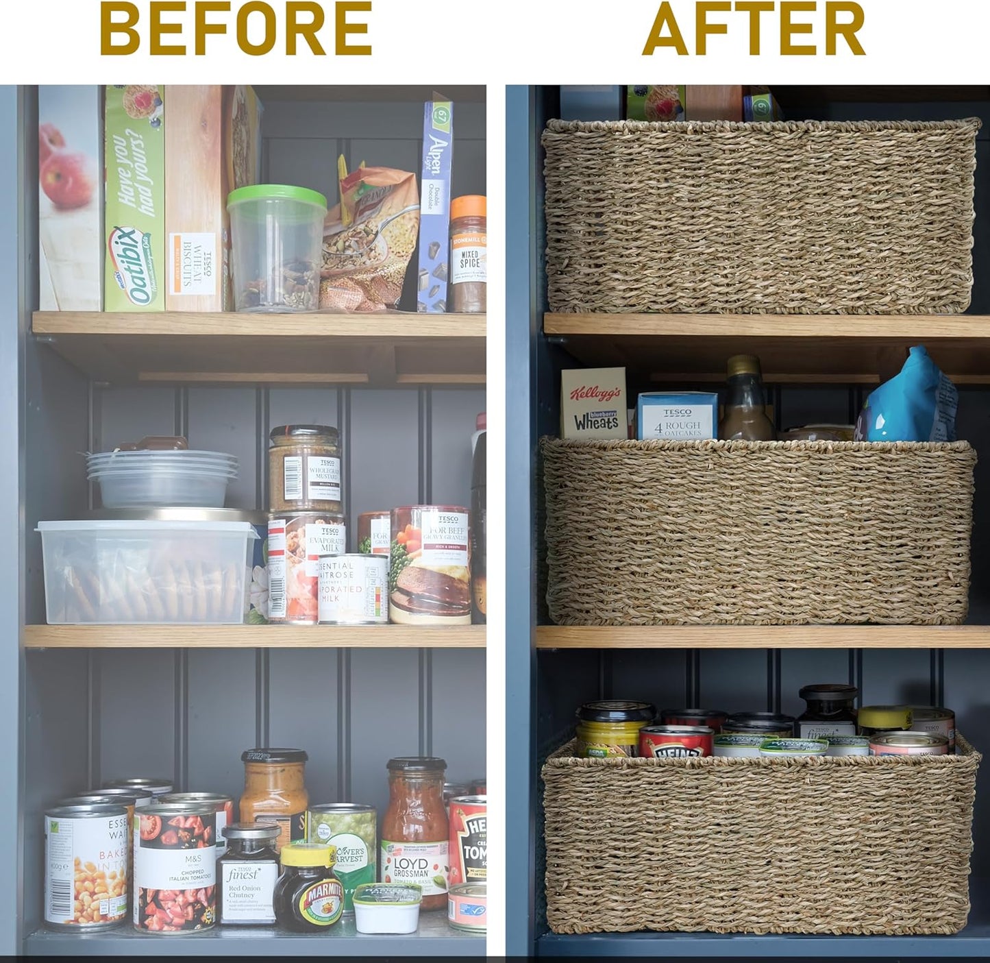 HOMESTEAD Seagrass Baskets with Built-in Handles for Storage, 13.5" x 8" Medium Rectangular Wicker Basket, 2 Packs