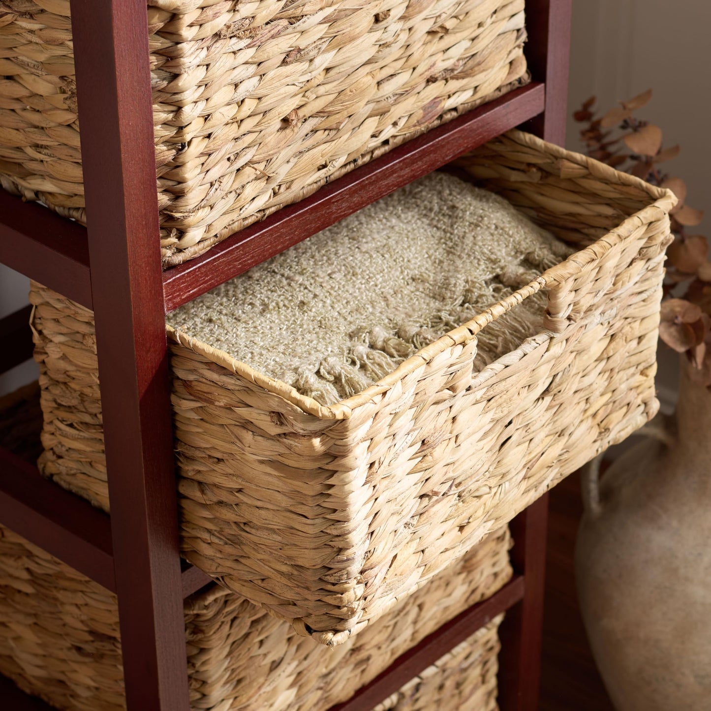 SAFAVIEH Furniture - Vedette 5-Basket Storage Tower - Cherry - Solid Wood - Coastal Basket Tower Design - Ideal for Entryway, Living Room, 17.5"W x 13.5"D x 46"H - Fully Assembled (AMH5739C)