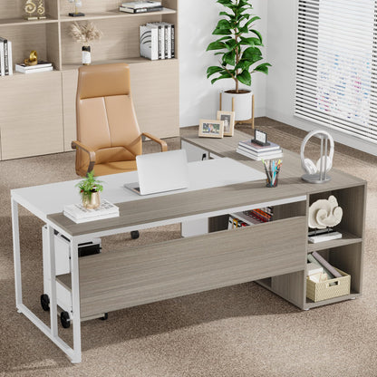 Tribesigns 71 inch Executive Desk, L Shaped Desk with Cabinet Storage, Executive Office Desk with Shelves, Business Furniture Set Workstation for Home Office, Gray and White