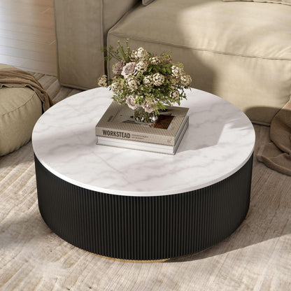 Furniture of America Beryl Modern Round White Genuine Marble Top Coffee Table with Fluted Pedestal Base and Gold Stainless Steel Accent, Low Profile Table for Living Room, Home Office, Black