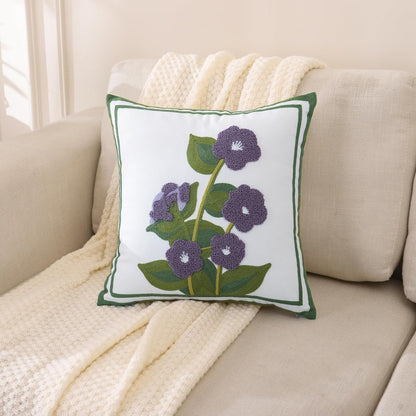 Set of 2 Embroidered Throw Pillow Covers 18x18 Inch, Purple Flower with Green Leaves for Living Room Sofa