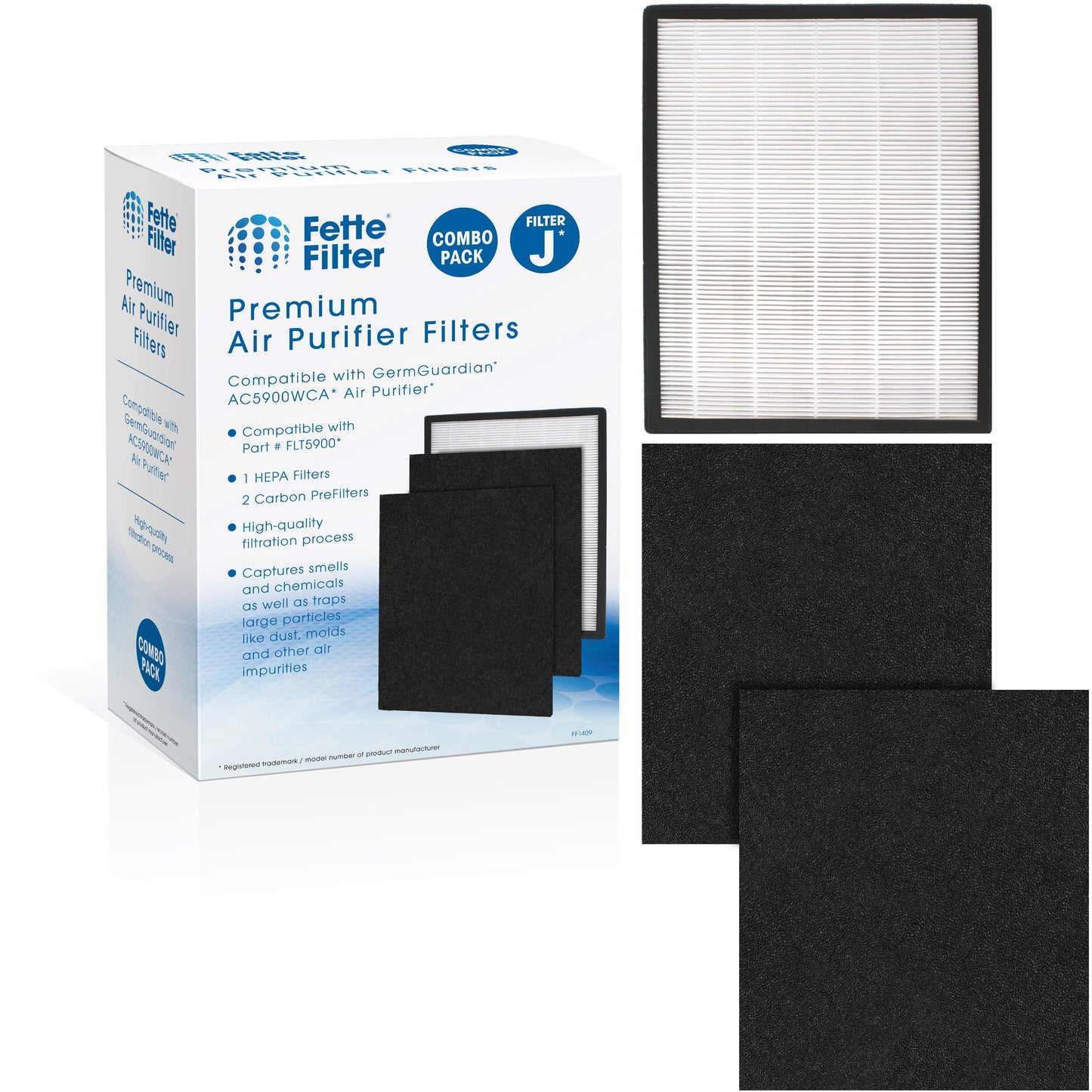 Fette Filter - Replacement Filter J Compatible with GermGuardian FLT5900 for AC5900WCA & AC5900WDLX Air Purifier includes 2 Filters 4 Activated Charcoal Filter.