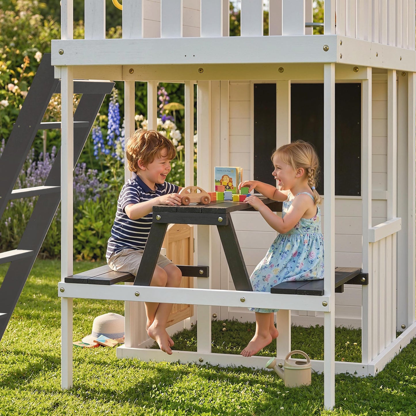 Qaba Two-Story Outdoor Wooden Playhouse for Kids with Slide, Picnic Table & Bench, Play Kitchen, Ladder, Lookout Platform for Age 2+ Backyard Play, White