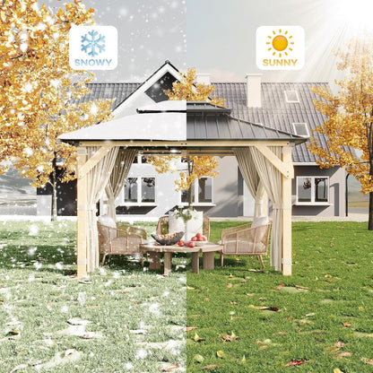 12' × 10' Hardtop Wood Gazebo with Double Galvanized Steel Roofm, Upgrade Wooden Frame with Nettings & Curtains for Backyard, Patio, Garden, All-Weather Khaki Outdoor Pavilion (4 Packages Shipped)