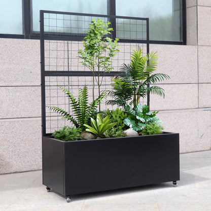 Metal Rolling Planter Box with Lattice Trellis – Modern COR-Ten Steel Trough on Casters | 66” x 46” x 21” (Black)
