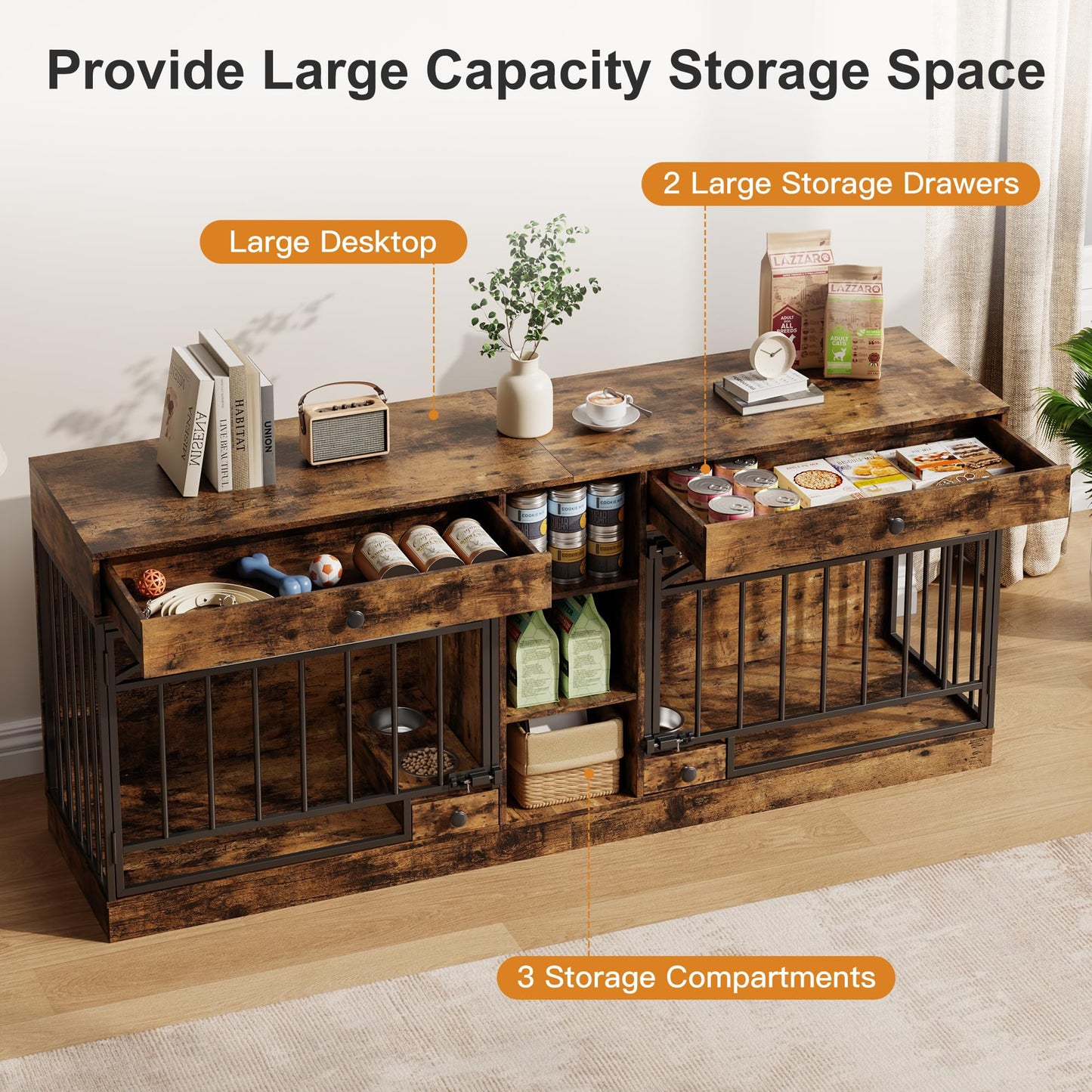GarveeHome Dog Crate Furniture for 2 Dogs, Dog Kennel Indoor with Storage and Feeding Bowls, Double Dog Crate TV Stand for Small Medium Dogs, Brown