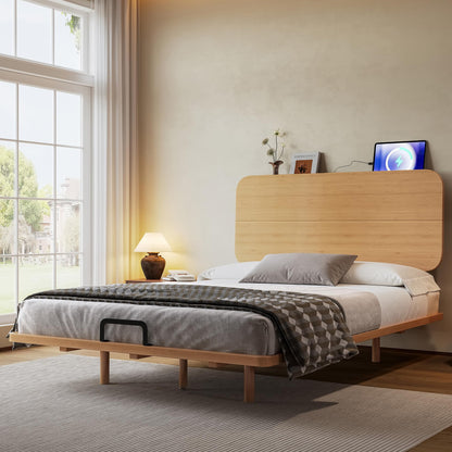 KEIKI Full Size Bamboo Platform Bed with Headboard and USB Ports, Mid-Century Modern Floating Bed Frame with Solid Support Slats, No Box Spring Needed, Easy Assembly, Noise Free, for Bedroom, Natural