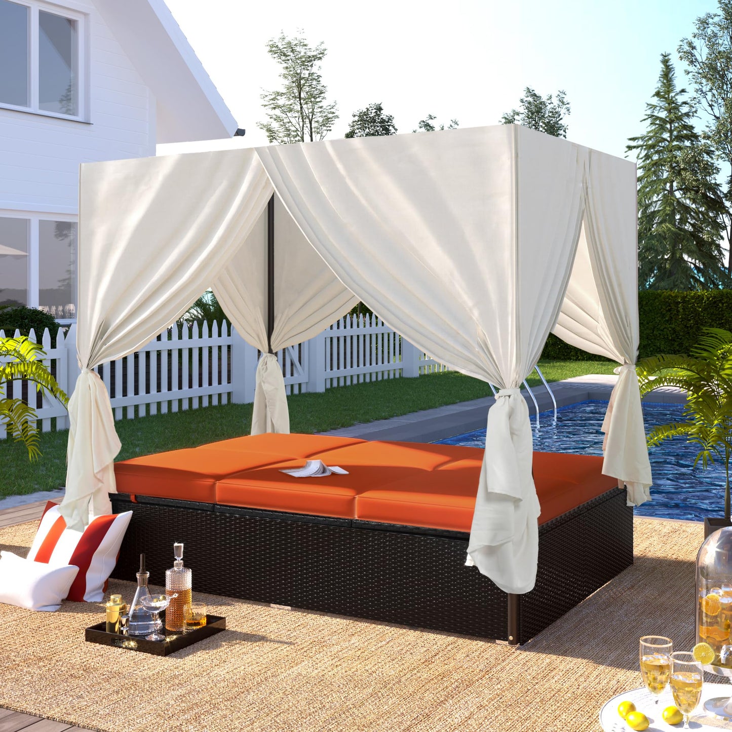 roomfitters Luxury Cabana Vibrant Orange Outdoor Double Chaise Lounge Patio Daybed with Privacy Curtains and Adjustable Reclining Backrest