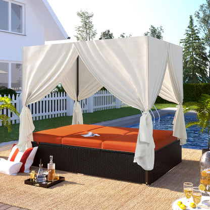 roomfitters Luxury Cabana Vibrant Orange Outdoor Double Chaise Lounge Patio Daybed with Privacy Curtains and Adjustable Reclining Backrest