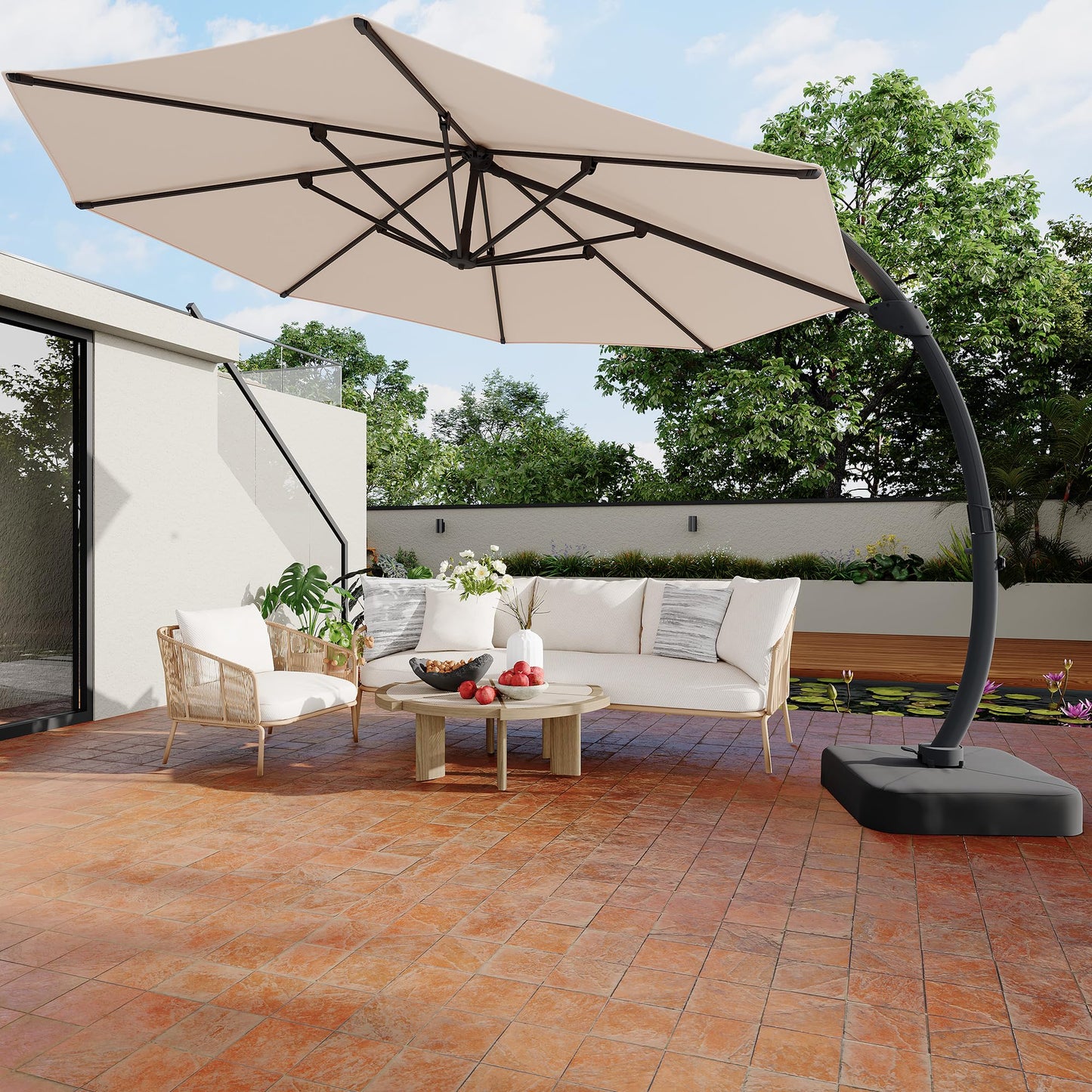 GarveeLife 11FT Cantilever Patio Umbrella With Base Included, Cantilevers Outdoor Umbrella Heavy Duty Offset, Aluminium Curved Cantilever Umbrella