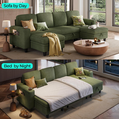 LINSY HOME Pull Out Sofa Bed Sectional Sleeper Sofa with Storage, Plush Corduroy Pullout Modular Sectional Couches for Living Room, U Shaped Convertible Couch Bed for Apartment (Green)