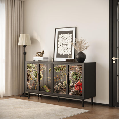 GDFStudio 60.3" Retro Buffet Sideboard Cabinet with 4 Glass Doors, Modern Glazed Painting Art Storage Cabinet Console Table, Artistic Tropical Glass Credenza Buffet for Living Room Dining Room, Black