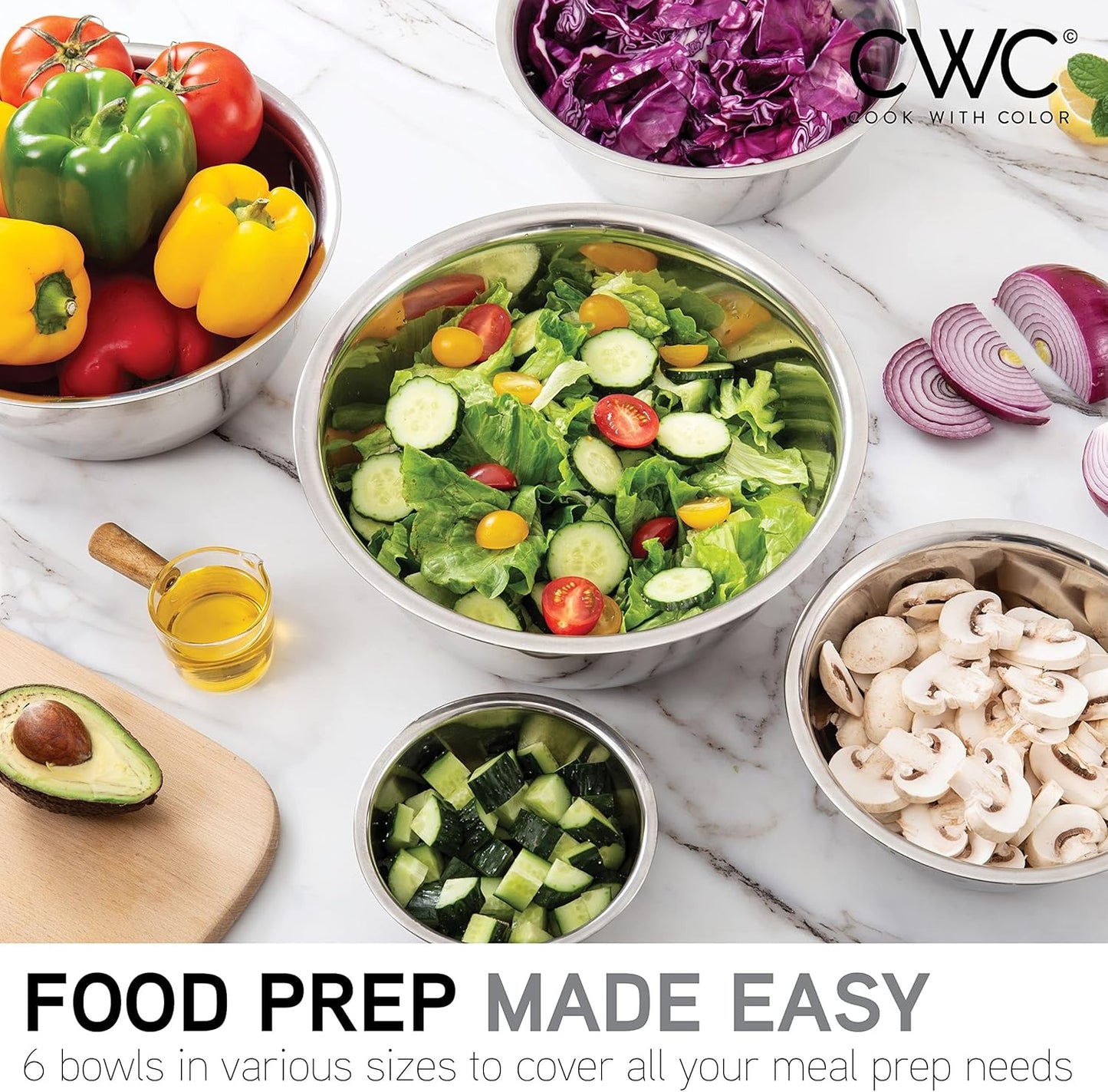 COOK WITH COLOR 6 Piece Stainless Steel Mixing Bowls Set, Nesting Prep and Mixing Bowls