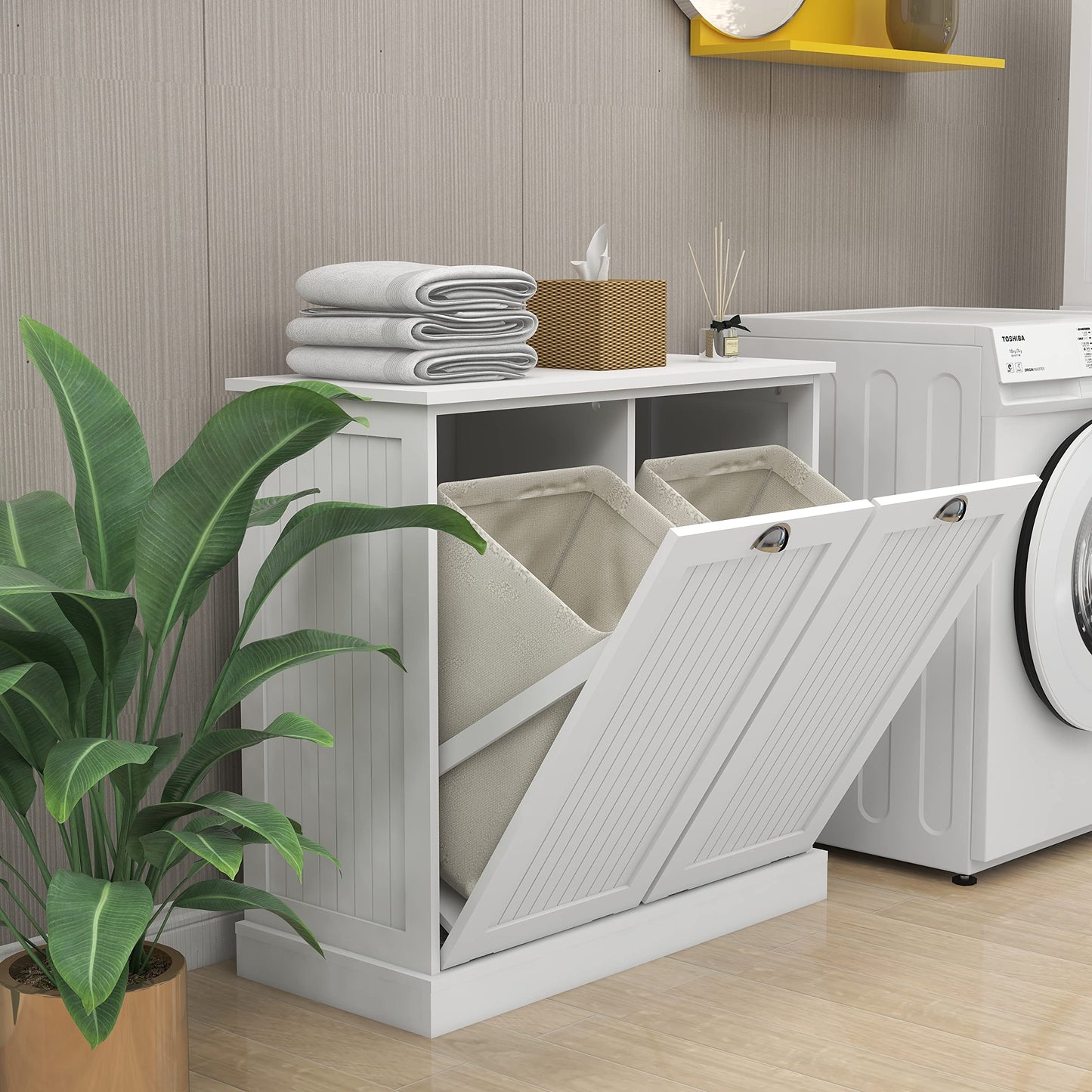 Gecheer Two-Compartment Tilt-Out Laundry Sorter Cabinet - Organized and Easy to Clean Storage Cabinet Organizer, Storage Unit Shelves, for Bathroom Living Room Dining Kitchen YJXW112049950