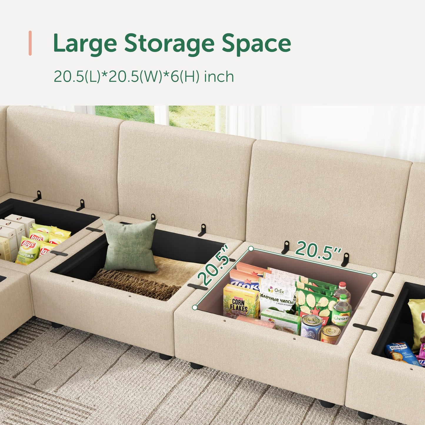 HONBAY Modular Sectional Sofa Couch with Storage, Modern U Shaped Sectional Sofa, Convertible Sectional Couch for Living Room - Beige