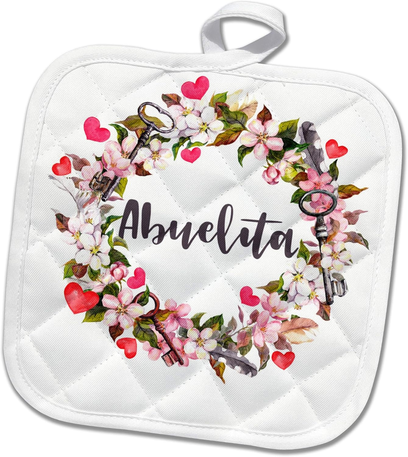 8x8 Potholder - Abuelita Flowers Heart and Keys Wreath Design by S.Heller and Kids