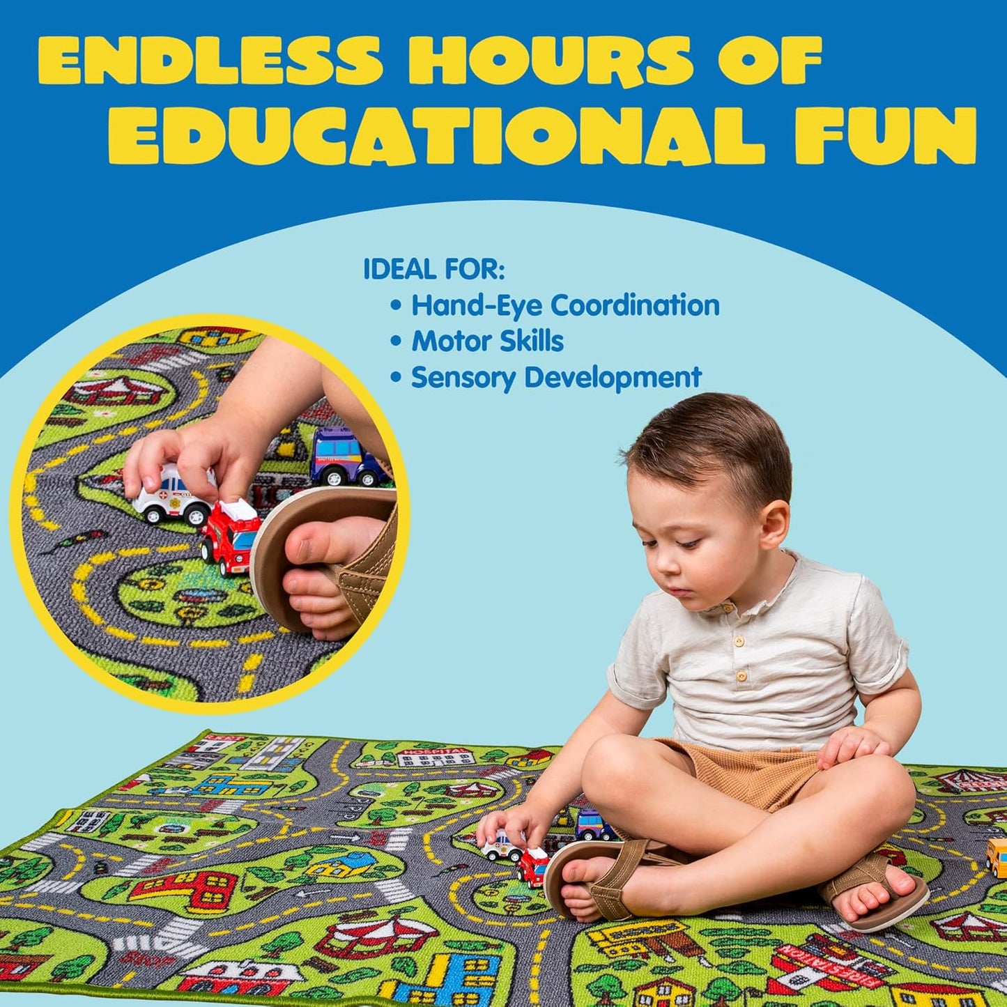 12 Set JOYIN Kids Play Rugs - Pull-Back Vehicle - Durable Carpet Playmat Rug - City Pretending Play - Toddler Car Track