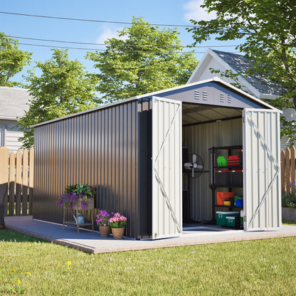 YOPTO 8x12 FT Large Outdoor Storage Shed with Lockable Doors & Floor Base,Weather-Resistant Metal Tool Shed for Garden, Backyard,Patio,Lawn,Gray