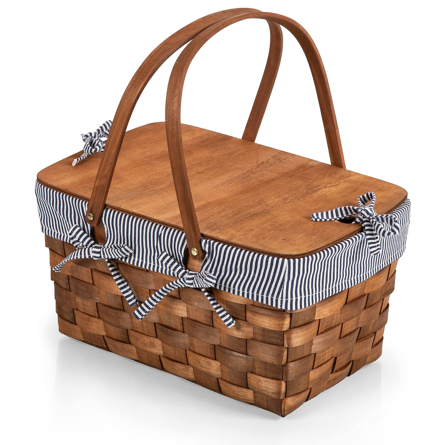 PICNIC TIME Kansas Handwoven Wood Picnic Basket, Sturdy Woven Wicker Basket with Tabletop Lid and Removable and Washable Polycotton Vintage-Style Liner, (Navy Blue & White Stripe)