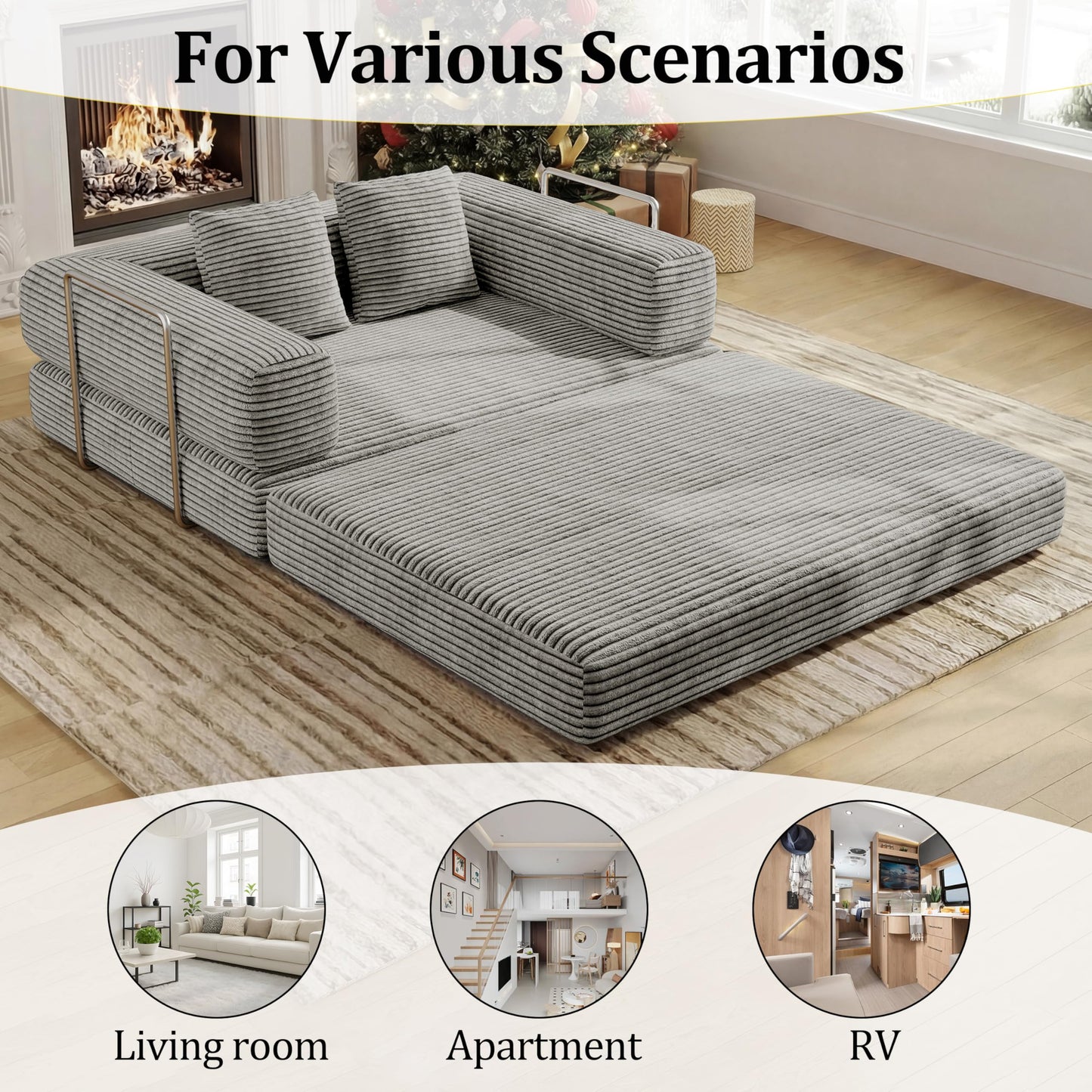 BSHOMGI Folding Sofa Bed, 4 in 1 Convertible Sofas to Lounger Comfy Floor Portable Foldable Sleeper Lazy Futon Couch Chair for Bedroom, Living Room (Light Gray, 53.15" Double Sofa)