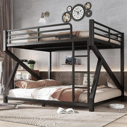Bellemave Queen Over Queen Metal Bunk Bed,Low Profile Floor Bunk Bed Frame with Angled Ladder, Heavy Duty & Noise-Free Design for Kids, Teens & Adults, Black