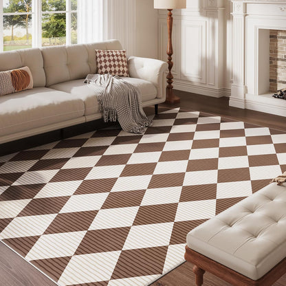 5x7 Washable Checkered Rugs for Bedroom, Brown and White Area Rug for Living Room, Geometric Faux Wool Carpet for Kids