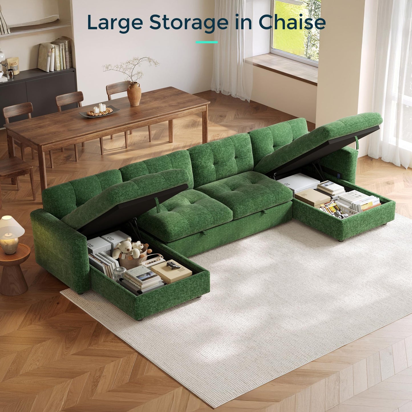 LINSY HOME U-Shaped Sleeper Sofa with Storage, Green Corduroy, 152.5 x 65 x 34.5 Inches, 4-Seater Convertible Couch with Pull-Out Bed